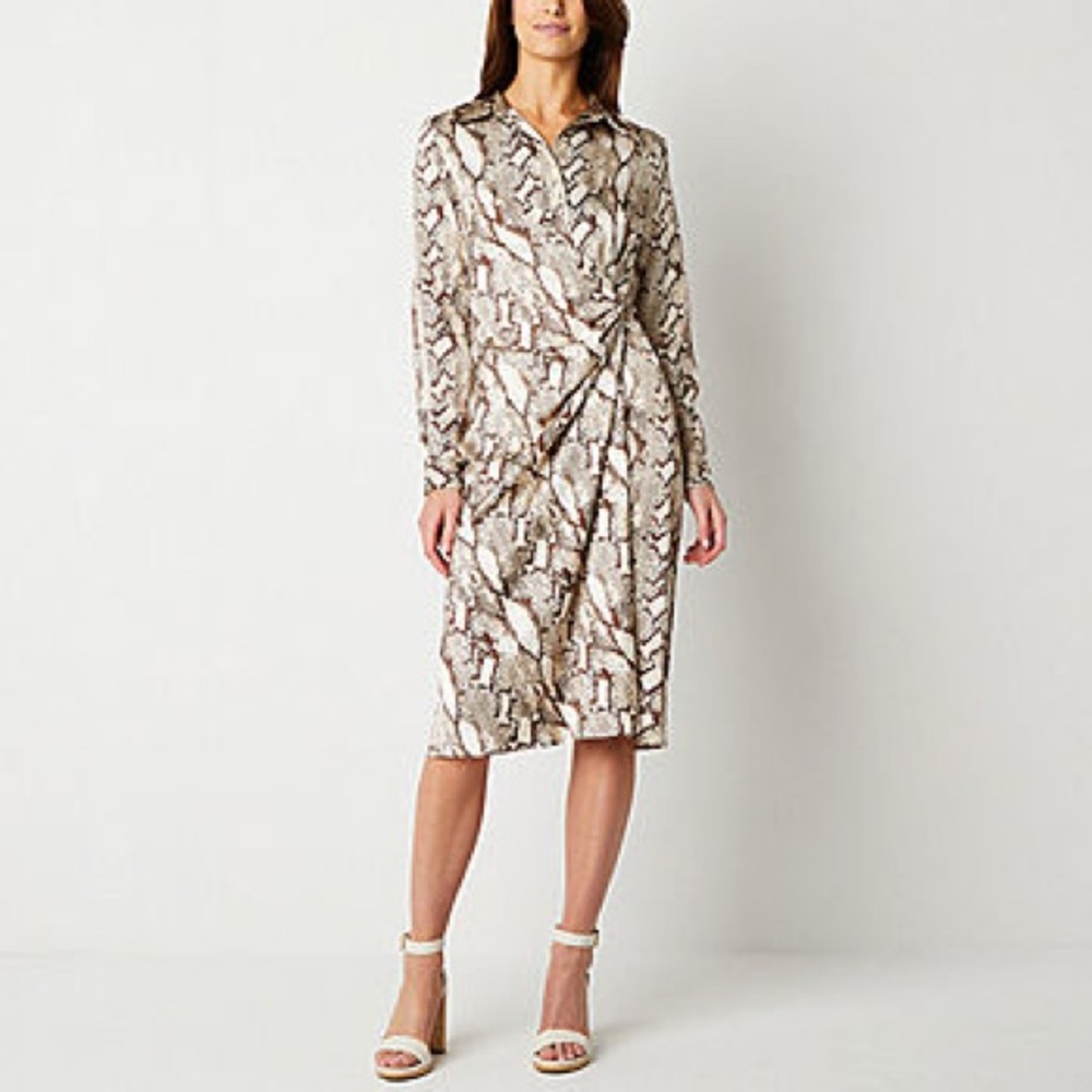 Worthington Womens Long Sleeve Geo Linear Wrap Dress S